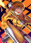  absurdres brown_hair cosplay highres looking_at_viewer pantyhose persona persona_4 polearm satonaka_chie short_hair smile solo spear tomoe_(persona_4) tomoe_(persona_4)_(cosplay) weapon yuuten 