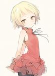  arms_behind_back black_legwear blonde_hair closed_mouth dress frilled_dress frills from_side head_tilt interlocked_fingers kizumonogatari kojiki-life looking_at_viewer monogatari_(series) oshino_shinobu pantyhose pointy_ears red_dress short_hair simple_background sketch sleeveless sleeveless_dress smile solo white_background yellow_eyes 