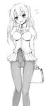  1girl :d arms_behind_back bag blush breasts erection full-package_futanari futanari large_breasts long_hair mofuringu monochrome necktie no_panties pantyhose penis photoshop school_uniform simple_background skirt solo standing testicles twintails uncensored white_background 