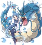  absurdly_long_hair bangs black_legwear blue_eyes blue_hair blue_neckwear blush_stickers bubble crossover elbow_gloves fangs gen_1_pokemon gen_2_pokemon gloves gradient_hair gyarados horsea jiino kantai_collection long_hair marill multicolored_hair neckerchief necktie open_mouth plantar_flexion pokemon pokemon_(creature) red_eyes sailor_collar samidare_(kantai_collection) school_uniform serafuku shirt shoes sidesaddle sitting sleeveless sleeveless_shirt smile swept_bangs thighhighs very_long_hair water zettai_ryouiki 