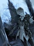  1boy collarbone collared_shirt cowboy_shot diabolik_lovers dutch_angle eriya-j grey_hair jacket looking_at_viewer male_focus mukami_ruki necktie outdoors outstretched_arm parted_lips school_uniform sky smile solo standing tareme uniform 