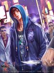 billboard blue_eyes brown_hair chain cigarette city dannis formal furyou_michi_~gang_road~ glasses glint hands_in_pockets highres hood hoodie jacket jewelry knife lamppost multiple_boys necklace night night_sky official_art outdoors ring shirt sign sky smoking standing suit t-shirt tattoo watermark yakuza zipper 