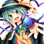  :d blouse chikuwa_savi dutch_angle foreshortening green_eyes green_hair hand_on_own_cheek hat heart heart-shaped_pupils komeiji_koishi long_sleeves looking_at_viewer open_mouth outstretched_hand short_hair smile solo symbol-shaped_pupils third_eye touhou 