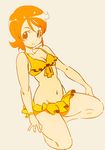  absurdres alternate_costume bikini bracelet breasts commentary_request front-tie_top happinesscharge_precure! highres jewelry kneeling looking_at_viewer monochrome navel oomori_yuuko precure short_hair simple_background small_breasts smile solo swimsuit 