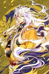  animal_ears bangs bishounen commentary fangs flower_knot fox_boy fox_ears highres igote japanese_clothes kimono kitsune kogitsunemaru long_hair looking_at_viewer male_focus niaoniaoyoo pom_pom_(clothes) red_eyes short_eyebrows smile solo tassel thick_eyebrows touken_ranbu very_long_hair white_hair yellow_background youkai 