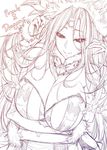  breasts cleavage commentary_request copyright_name huge_breasts kali_(p&amp;d) long_hair monochrome mushi024 puzzle_&amp;_dragons sketch solo upper_body 
