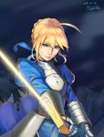  2016 ahoge armor artoria_pendragon_(all) blue_eyes bow braid dated fate/stay_night fate_(series) gauntlets gorget hair_bow lips magic piyo_(pixiv_2308057) puffy_sleeves saber solo sword weapon 