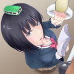  1girl bangs black_hair book breast_lift breasts cleavage commentary_request from_above holding holding_book large_breasts lips looking_at_viewer okamoto_hazuki parted_lips pleated_skirt purple_eyes school_uniform short_hair skirt solo usutominsutaa 