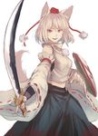  animal_ears cowboy_shot detached_sleeves hat inubashiri_momiji katana looking_at_viewer midriff open_mouth red_eyes shield solo sword tail terrajin tokin_hat touhou weapon white_background white_hair wide_sleeves wolf_ears wolf_tail 