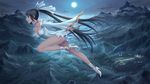  black_hair breasts castle choker city cleavage cloud fantasy flying full_body full_moon high_heels highres long_hair md5_mismatch medium_breasts moon mountain night night_sky original outdoors ponytail profile sky solo sparkle strapless very_long_hair youbou 
