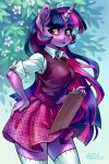  2019 absolute_territory anthro anthrofied breasts clipboard clothed clothing equine female friendship_is_magic hair holivi horn legwear mammal miniskirt my_little_pony portrait purple_eyes purple_hair school_uniform skirt socks solo twilight_sparkle_(mlp) unicorn uniform 