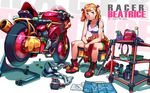  blonde_hair blush boots bottle breasts chair closed_mouth clothes_around_waist collarbone crop_top english glint gloves gloves_removed ground_vehicle hair_ribbon head_tilt holding jacket_around_waist kongou_b long_hair motor_vehicle motorcycle navel original own_hands_together red_footwear red_gloves red_ribbon ribbon schematics shadow sitting small_breasts smile solo twintails wrench 