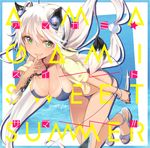  1girl album_cover animal_ears bikini blue_bikini breasts chain cleavage collar cover english fang finger_to_mouth glint green_eyes highres holding holding_knife hood hooded_jacket jacket knife kojiki-life long_hair looking_at_viewer low_twintails open_clothes open_jacket open_mouth original sandals solo swimsuit tail twintails very_long_hair white_hair 