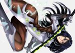  armor ass bad_id bad_pixiv_id black_hair blue_eyes dutch_angle genderswap genderswap_(mtf) genji_(overwatch) katana knife long_hair looking_at_viewer overwatch parted_lips shei99 skin_tight solo sword throwing_knife weapon white_background 
