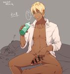  after_sex arima_(arima_bn) blonde_hair bottle bottomless brown_background condom condom_on_penis dark_skin dark_skinned_male dated gyaruo highres looking_down male_focus on_bed open_clothes open_shirt original penis shirt simple_background sitting sleeping sweat testicles twitter_username 