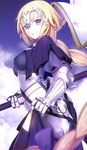  armor armored_dress blonde_hair blurry braid capelet commentary_request cowboy_shot depth_of_field fate/apocrypha fate_(series) flag from_side gauntlets grey_eyes headpiece jeanne_d'arc_(fate) jeanne_d'arc_(fate)_(all) long_hair looking_at_viewer machimura_komori parted_lips single_braid solo 