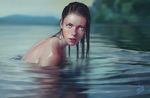  2015 artstation_sample blue_eyes blurry blurry_background brown_hair commentary dated day eyebrows image_sample lake lips lipstick long_hair looking_at_viewer makeup nose nude original outdoors parted_lips partially_submerged photorealistic red_lipstick reflection solo starry_chen upper_body water wet wet_hair 