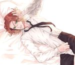  1boy beauty_mark brown_hair cowboy_shot diabolik_lovers dutch_angle fang green_eyes hand_on_own_head looking_at_viewer lying male_focus mole mole_under_mouth necktie open_mouth sakamaki_laito smile solo somi_(ert0) unbuttoned vampire wavy_hair 