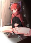  bottomless bow cape exhibitionism fingering hair_bow highres masturbation pussy_juice pussy_juice_puddle pussy_juice_trail red_eyes red_hair sekibanki short_hair solo squatting tenyunkel touhou trembling 