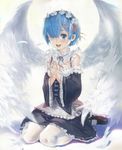  angel_wings black_dress blue_eyes blue_hair blush breasts cleavage detached_sleeves dress feathered_wings frills hair_ornament hair_over_one_eye hair_ribbon hands_clasped interlocked_fingers looking_at_viewer maid maid_headdress medium_breasts open_mouth own_hands_together pantyhose re:zero_kara_hajimeru_isekai_seikatsu rem_(re:zero) ribbon seiza short_hair sitting smile solo tears white_legwear white_wings wings x_hair_ornament zrero 