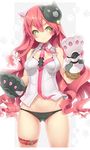  :t animal_ears ass_visible_through_thighs bare_shoulders black_panties braid breasts cat_ears cat_mask eyebrows green_eyes groin head_tilt highres long_hair medium_breasts necktie ooki_taichi original panties paw_print paws pink_hair pink_neckwear simple_background solo thick_eyebrows thigh_strap underwear very_long_hair white_background wing_collar 
