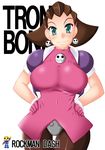  absurdres breasts brown_hair censored earrings gloves green_eyes hair_slicked_back hairband highres huge_breasts jewelry kikko pantyhose rockman rockman_dash short_hair solo tron_bonne 