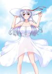  adjusting_clothes adjusting_hat alternate_costume bare_shoulders blush breasts brown_eyes commentary_request dress hat kantai_collection large_breasts long_hair mikage_takashi see-through_silhouette shoukaku_(kantai_collection) silver_hair smile solo sun_hat sundress white_dress 