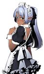  apron blue_hair bow dark_skin elf green_eyes h_kasei hair_bow hand_on_own_chest looking_back maid maid_headdress original pointy_ears ponytail puffy_sleeves shoulder_blades simple_background solo white_background wrist_cuffs 