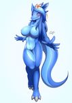  anthro big_breasts blue_eyes blue_hair blue_scales blush breasts claws dragon female flower hair horn horn_ring long_tail looking_at_viewer navel nipples nude plant pussy scales simple_background solo standing tailzkim toe_claws white_background 