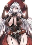  bare_shoulders blush breasts commentary_request detached_sleeves garter_straps granblue_fantasy hat large_breasts long_hair magisa_(granblue_fantasy) mushi024 silver_hair solo witch_hat 