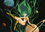  80s animal_print bikini boots drop_shadow floating_hair green_hair highres horns long_hair lum official_art oldschool oni planet pointy_ears solo space swimsuit tiger_print urusei_yatsura very_long_hair 