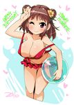  2016 ball beachball bikini breasts brown_hair character_name double_bun earrings flower_earrings hand_on_forehead happy_birthday heart huge_breasts idolmaster idolmaster_cinderella_girls jewelry munakata_atsumi one_eye_closed purple_eyes semahiro short_hair smile solo swimsuit thick_thighs thighs wardrobe_malfunction 