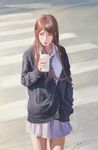  2016 arm_at_side arm_up artist_name black_jacket brown_hair buttons coffee collared_shirt cowboy_shot cup dannis dated day drinking drinking_straw grey_skirt hand_in_pocket highres holding holding_cup jacket lips long_hair long_sleeves looking_to_the_side necktie outdoors pleated_skirt realistic road shirt signature skirt solo standing street unbuttoned white_shirt 