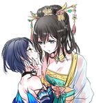  alternate_hairstyle bad_id bad_pixiv_id bare_shoulders black_hair blue_eyes blue_hair breasts chinese_clothes cleavage hair_ornament hair_stick hair_up hand_on_another's_cheek hand_on_another's_face hanfu hayami_kanade idolmaster idolmaster_cinderella_girls medium_breasts multiple_girls open_mouth romi_(346_ura) sagisawa_fumika yellow_eyes yuri 