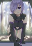  armor bare_shoulders black_armor black_legwear blush breasts elbow_gloves fate/grand_order fate_(series) gloves hair_over_one_eye hinoshita_akame leaning_forward looking_at_viewer mash_kyrielight medium_breasts open_mouth purple_eyes purple_hair short_hair smile solo thighhighs 