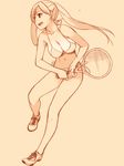  :d bikini breasts cleavage full_body highres ino kousaka_rino large_breasts long_hair monochrome navel open_mouth otome_function racket shoes side-tie_bikini smile sneakers solo standing standing_on_one_leg string_bikini sweat swimsuit tennis_racket twintails 