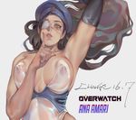 alternate_costume ana_(overwatch) armpits breasts brown_eyes brown_hair captain_amari change_(437483723) close-up covered_nipples dark_skin eyepatch finger_to_mouth hat highres large_breasts lips long_hair mature nipples overwatch see-through solo younger 