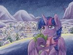  2016 dragon duo equine female friendship_is_magic horn male mammal my_little_pony ponyville scarf snow snowing spike_(mlp) the-wizard-of-art traditional_media_(artwork) twilight_sparkle_(mlp) winged_unicorn wings 