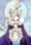  absurdres braid cloak copyright_request flower highres long_hair moon ribbon shiina_yuu smile solo white_hair wreath yellow_eyes 