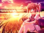  1girl asakura_nanao bridge grass hair_ribbon highres long_hair lyrical_lyric pink_hair ribbon river school_uniform sitting skirt sky solo sunset thighhighs twintails wallpaper white_legwear 