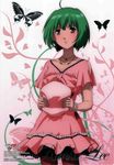  absurdres ahoge bracelet bug butterfly dress fukano_youichi green_hair hat hat_removed headwear_removed highres holding holding_hat insect jewelry macross macross_frontier macross_frontier:_itsuwari_no_utahime necklace official_art pantyhose ranka_lee red_eyes scan short_hair 