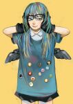  1girl absurdres arms_up badge blue_eyes blue_hair button_badge collared_shirt crooked_eyewear glasses gloves hands_in_hair hands_on_own_head highres junjunforever long_hair mechanical_wings mole mole_under_mouth multicolored_hair original shirt short_sleeves skirt solo wings yellow_background 