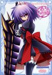  :&lt; aotsuki_shinobu crown elbow_gloves gloves highres huge_weapon looking_back monster_hunter purple_hair red_eyes short_hair solo sword thighhighs weapon 