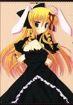  ahoge animal_ears araiguma blonde_hair blush breasts bunny_ears cleavage crossed_arms dress drill_hair fan hayate_no_gotoku! highres large_breasts long_hair red_eyes tennousu_athena 