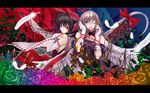  bare_shoulders black_hair blue_eyes bow breasts bridal_gauntlets cradle_(artist) duplicate eyepatch feathers flower gloves hair_bow hair_ribbon hakurei_reimu highres long_hair medium_breasts misaki_kurehito mouth_hold multiple_girls red_eyes ribbon rose sideboob touhou wallpaper yakumo_yukari 