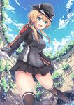  anchor_hair_ornament aqua_eyes ass_visible_through_thighs black_ribbon blonde_hair cloud cloudy_sky day fisheye gloves hair_ornament hat iron_cross kantai_collection kneehighs long_hair long_sleeves low_twintails military military_hat military_uniform peaked_cap pleated_skirt prinz_eugen_(kantai_collection) ribbon skirt sky solo splashing twintails uniform water white_gloves yuriko 