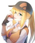  baseball_cap black_gloves black_hat blonde_hair blush breast_hold breasts choker cleavage collarbone eyebrows eyebrows_visible_through_hair female_protagonist_(pokemon_go) fingerless_gloves gloves hair_between_eyes hat holding holding_poke_ball licking long_hair long_sleeves looking_at_viewer medium_breasts poke_ball poke_ball_(generic) pokemon pokemon_go ponytail saliva sidelocks signature simple_background solo tilt-shift tongue tongue_out upper_body white_background 