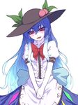  black_hat blue_hair blue_skirt bow bowtie breasts buttons center_frills cowboy_shot eyebrows eyebrows_visible_through_hair food fruit gradient_hair hair_between_eyes hat hat_ornament highres hinanawi_tenshi leaf long_hair looking_at_viewer miata_(miata8674) multicolored_hair pale_skin peach puffy_short_sleeves puffy_sleeves red_bow red_eyes red_neckwear shirt short_sleeves simple_background skirt small_breasts solo standing touhou v_arms white_background white_shirt white_skin 