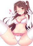  ;p bikini breasts brown_eyes brown_hair cleavage double_v elbow_gloves frilled_bikini frills gloves highres idolmaster idolmaster_cinderella_girls long_hair medium_breasts one_eye_closed one_side_up shimamura_uzuki solo swimsuit thighhighs tongue tongue_out v yuuyu 