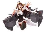  ahoge black_footwear black_legwear boots brown_eyes brown_hair detached_sleeves hairband headgear japanese_clothes kantai_collection kongou_(kantai_collection) looking_at_viewer nontraditional_miko open_mouth outstretched_arm rigging sketch skirt smile solo thigh_boots thighhighs watanore white_background wide_sleeves zettai_ryouiki 